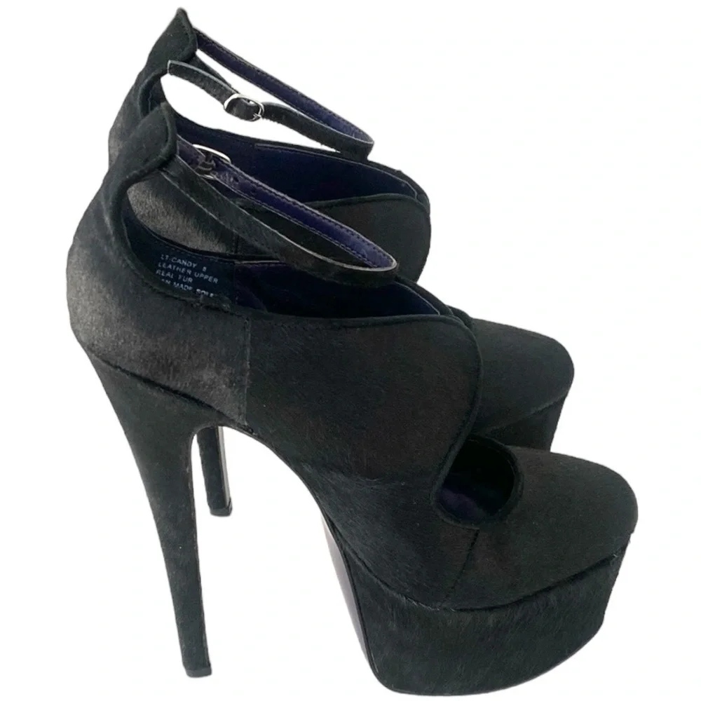 London Trash Candy Black Leather Fur Stiletto Platform Heels